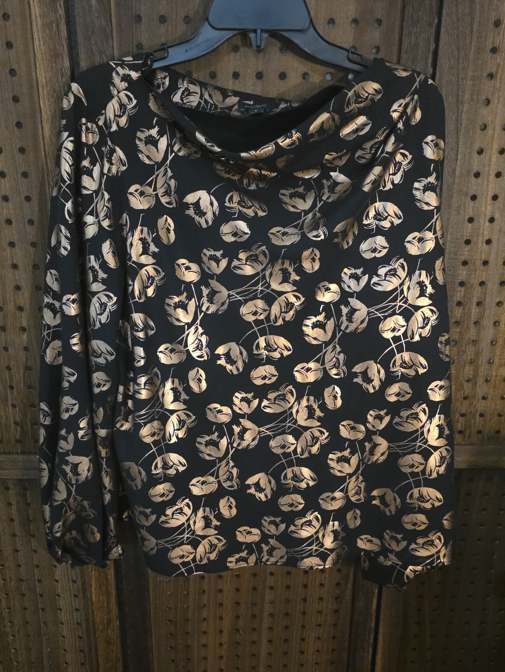 Ann Taylor Black And Metallic GOLD Fancy Blouse with Floral Print